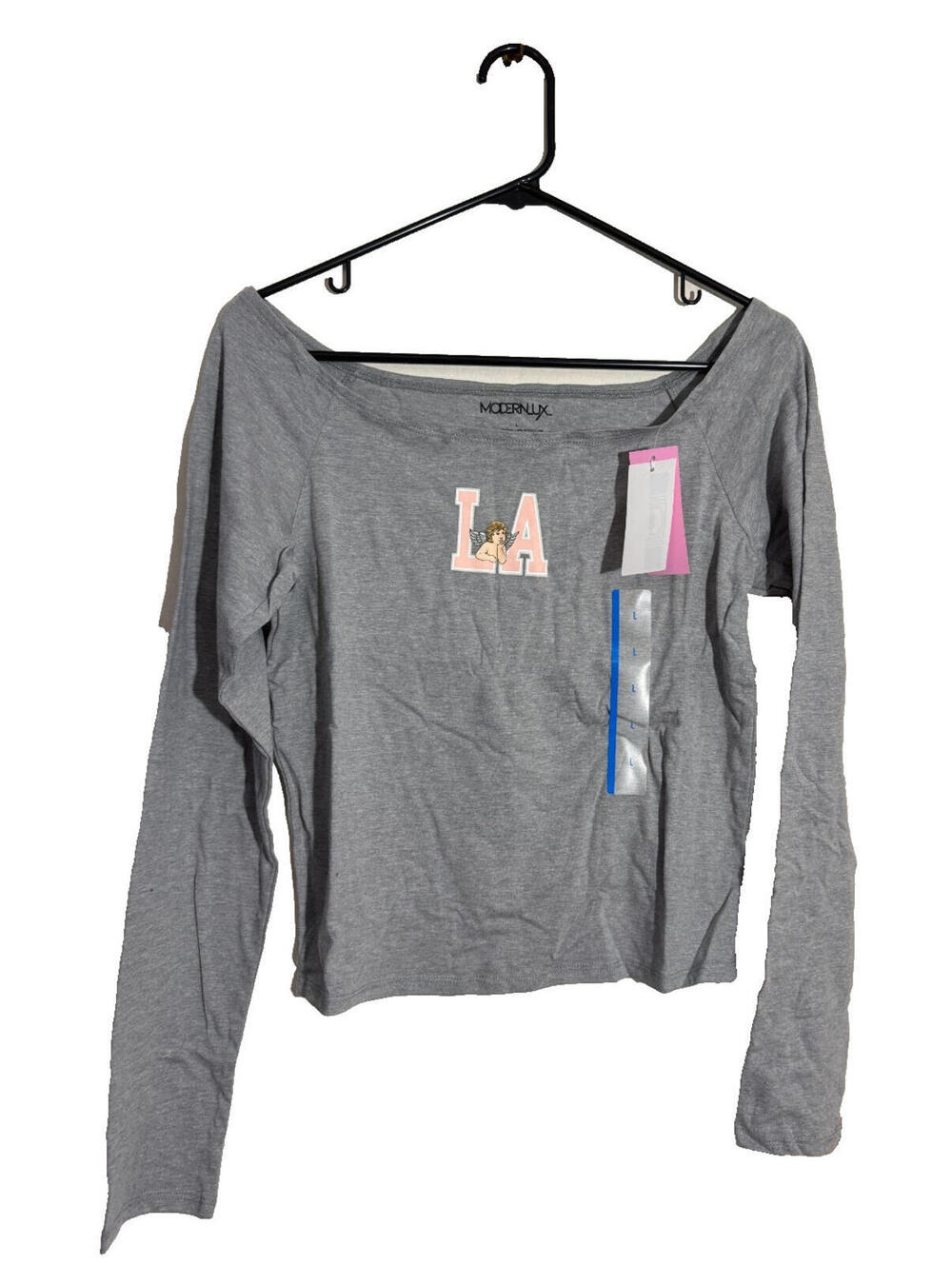 Modern Lux Womens LA Off Shoulder Long Sleeve Graphic Shirt XL Heather Gray NWT
